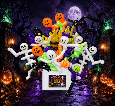 The Boo Box — mummies, ghosts, pumpkins, witches brooms and more hand-twisted Halloween balloon designs
